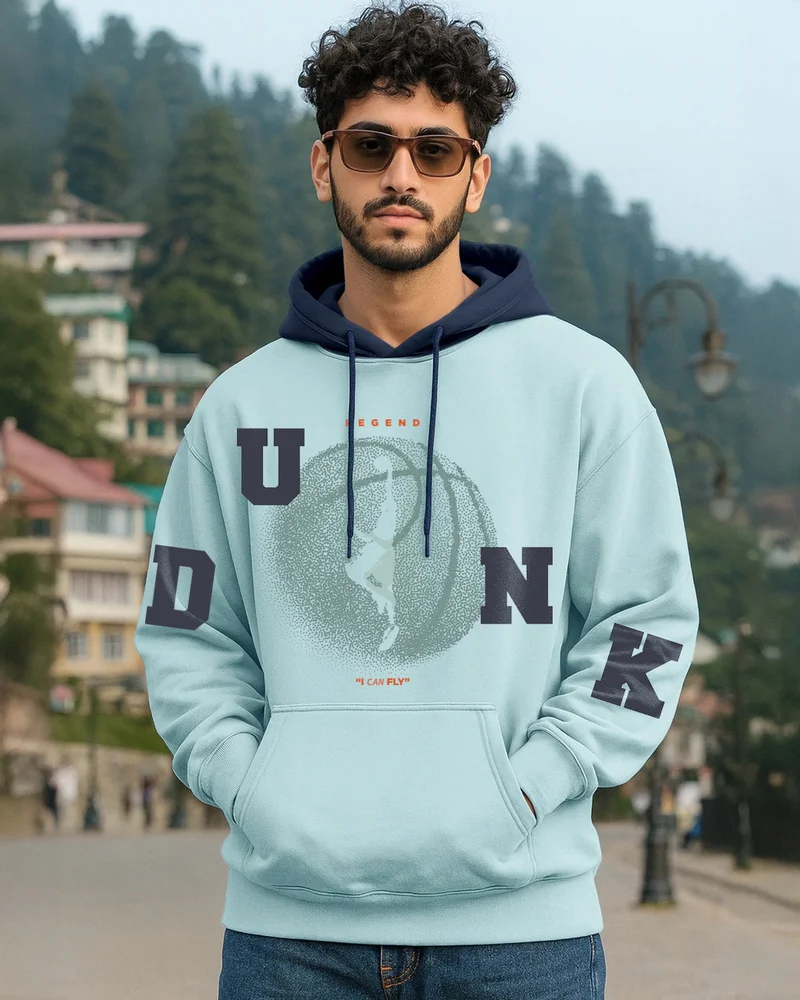 بيواكوف Men's Green & Navy Blue Dunk Typography Oversized Hoodies
